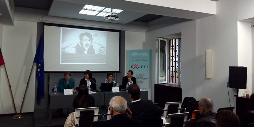 Photo from the EXCEPT conference in Sofia, 2016. From left to right is the Deputy Minister of Social Affairs and Labour in Bulgaria Deniza Sacheva, the Coordinator of Except Marge Unt (University of Tallinn), Bulgarian team member of Negotiate - Pepka Boyadjieva (Institute for the Study of Societies and Knowledge, at Bulgarian Academy of Sciences) and the Member of Except Project team - Michael Gebel (University of Bamberg).
